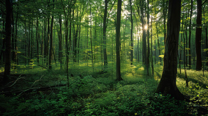 Obraz premium a lush green forest with sunlight filtering through the trees, ideal for nature-themed backgrounds