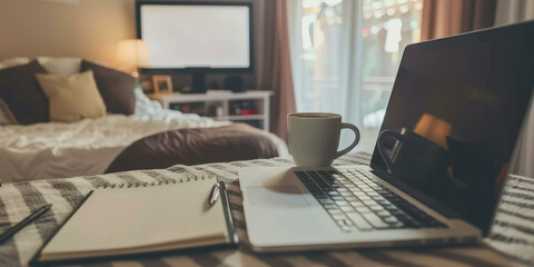 a remote work setup with a laptop, notepad, and coffee in a cozy home office