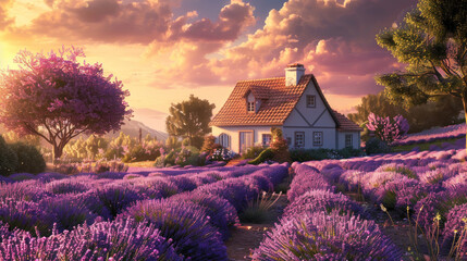 Stunning 3D artwork of a cozy farmhouse set amidst a flourishing lavender field, highlighting the beauty and tranquility of rural life.