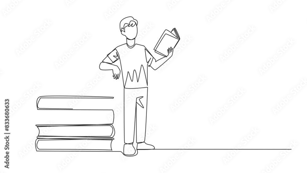 Poster self drawing animation of continuous line drawing clever man standing reading a book while leaning a