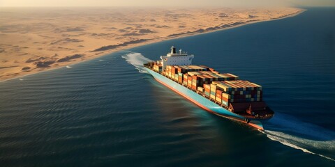 Global trade disrupted by vessel blocking Suez Canal. Concept Global Trade, Suez Canal, Vessel Blockage, Supply Chain Disruption, Economic Impact