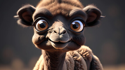 A cute black baby camel with big eyes, animated, cartoon, unreal, 8K. Center