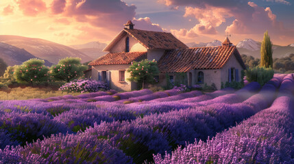Stunning 3D artwork of a cozy farmhouse set amidst a flourishing lavender field, highlighting the...