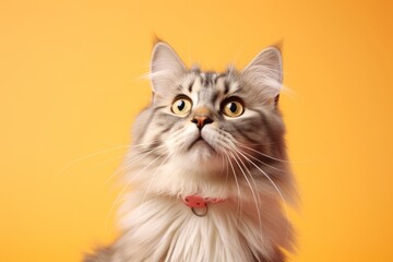 Fototapeta premium Portrait of a funny siberian cat while standing against pastel yellow background