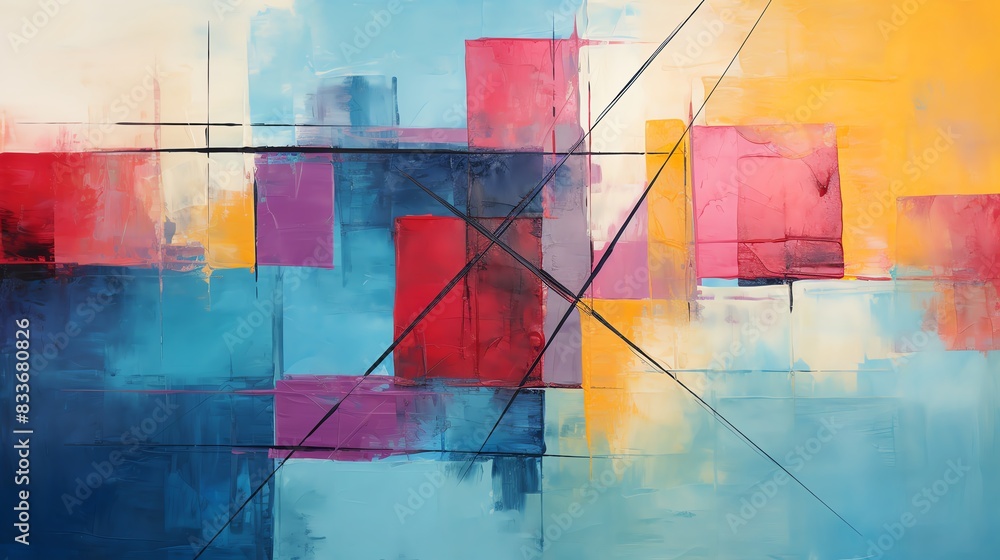 Poster vibrant abstract painting with colorful geometric shapes and bold lines, creating a dynamic and mode