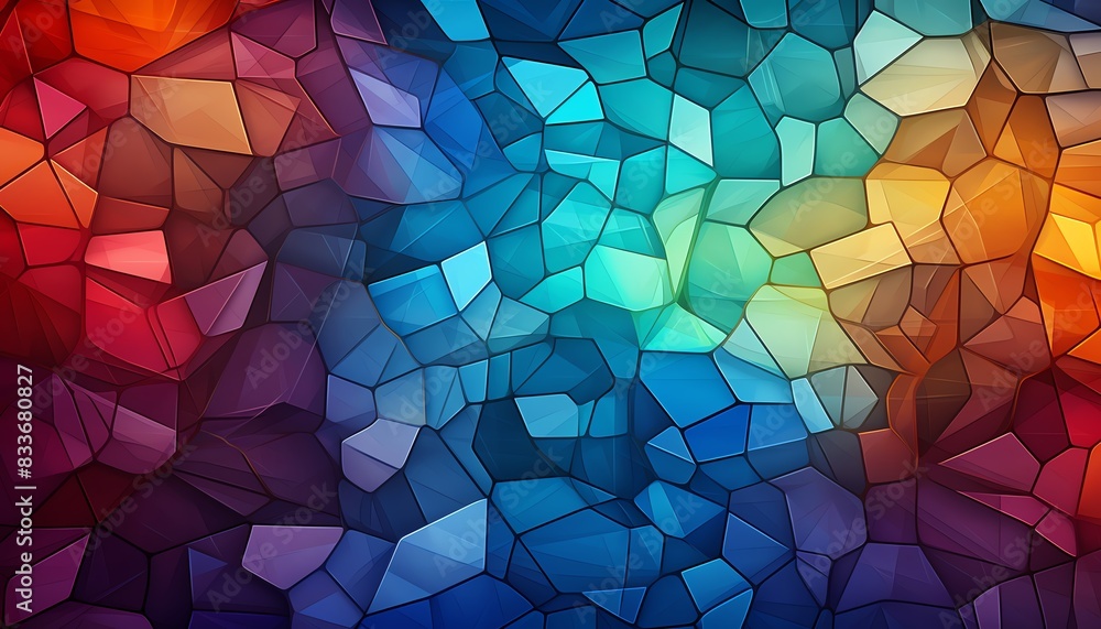 Poster vibrant and colorful stained glass abstract background with geometric shapes creating a mosaic patte