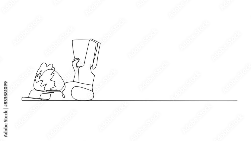 Aufkleber self drawing animation of continuous line drawing man lying on back reading book. reading favorite c