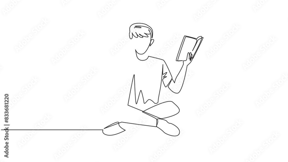 Poster animation of one line drawing clever man sitting cross-legged reading book. accompanied by mug of co