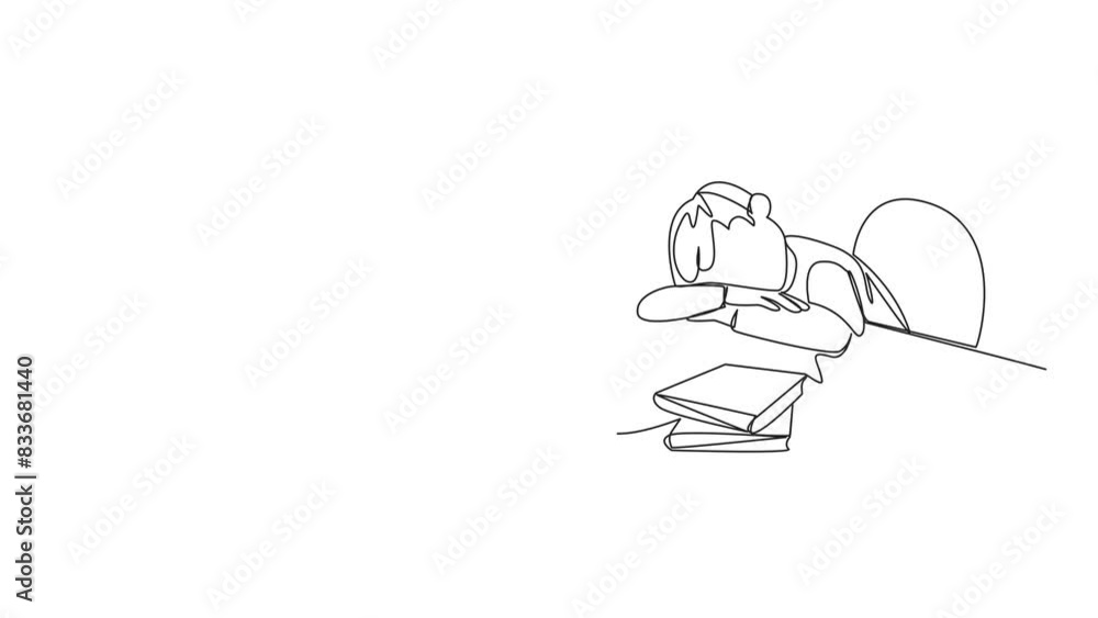 Aufkleber animated self drawing of continuous line drawing man asleep at the table where there were piles of b