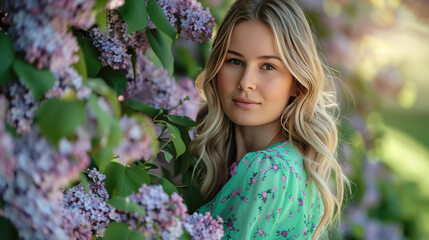 Naklejka premium Stylish blonde woman in a vibrant green shirt posing gracefully near a lilac tree in full bloom, with delicate lilac flowers contrasting beautifully against her outfit.