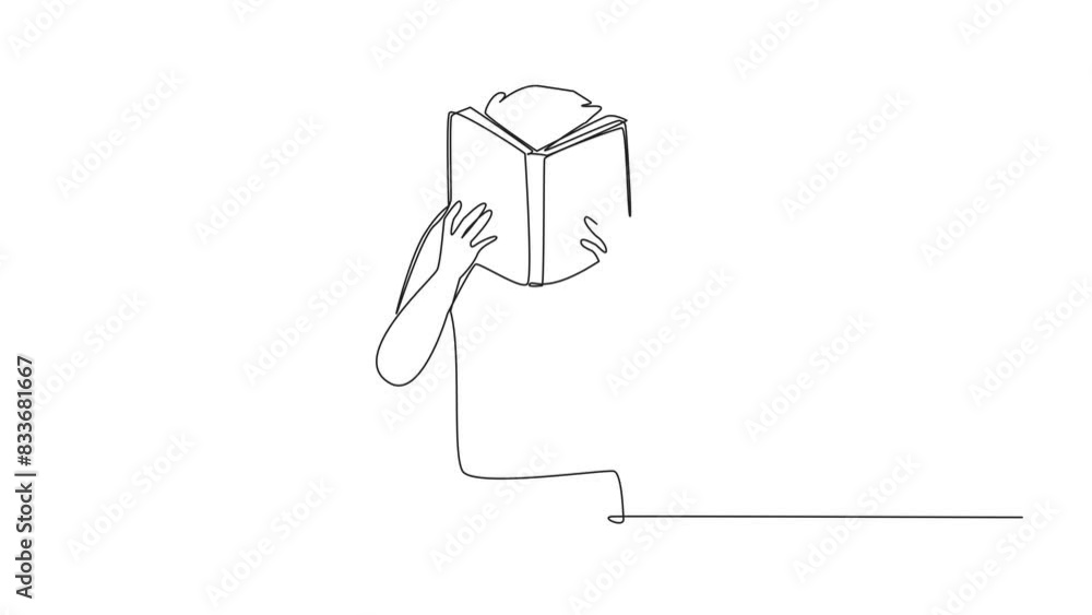 Poster self drawing animation of continuous line drawing man seriously reading a book until cover the face.