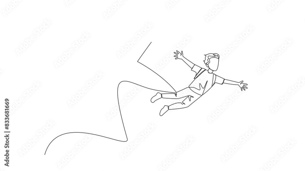 Poster animated self drawing of single line drawing brave man flying with wings that come from an open big 