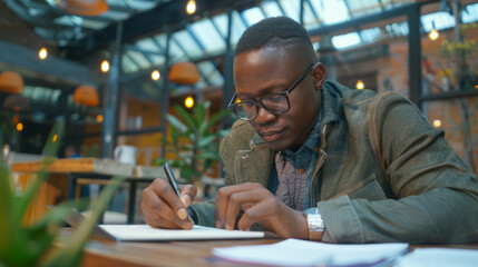 an African entrepreneur working on a business plan in a trendy coworking space