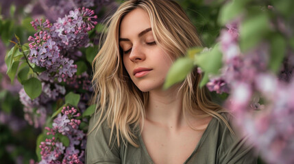 Naklejka premium Stylish blonde woman wearing a green shirt, enchanted by the purple lilac flowers around her, capturing a serene moment by a blossoming lilac tree.