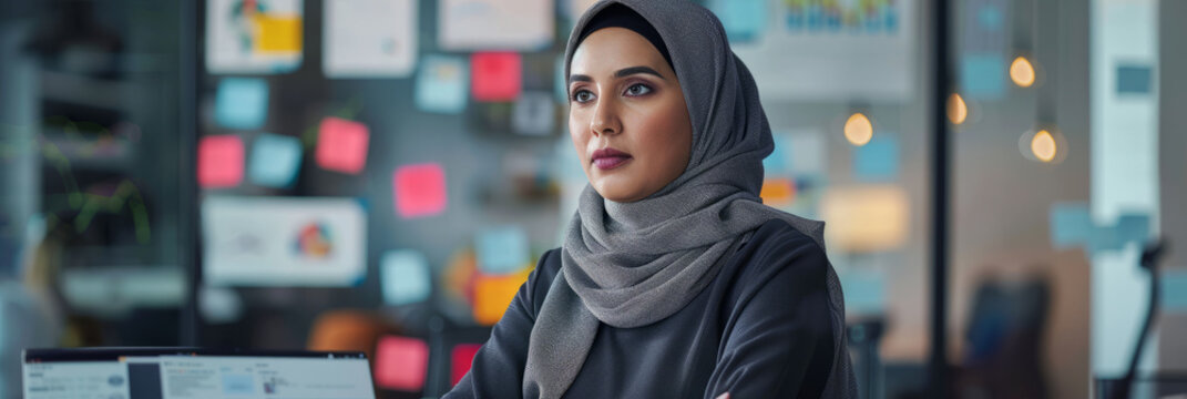 an Arabian businesswoman leading a strategy session with charts and sticky notes on the wall