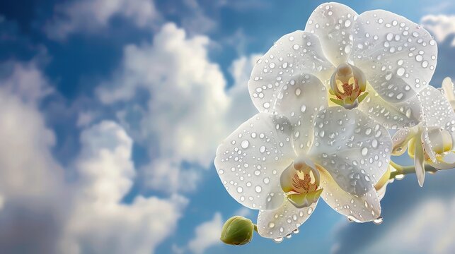 An elegant white orchid with delicate dewdrops on its petals, positioned against a serene blue sky background with fluffy white clouds, conveying purity and tranquility.