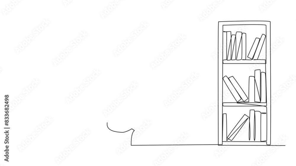 Aufkleber animation of single line drawing man lying on back reading fiction story book near bookcase. read sl