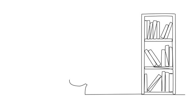 Animation of single line drawing man lying on back reading fiction story book near bookcase. Read slowly to enjoy a storyline. Hobby reading. Continuous line self drawing animated. Full length motion