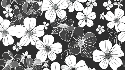 Fototapeta premium Flower wallpaper flat design top view monochrome theme cartoon drawing black and white. Seamless Pattern, Fabric Pattern.