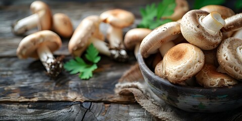 Overhead shot of woodland mushrooms in vintage bowl on rustic table. Concept Food Photography, Rustic Setting, Woodland Theme, Vintage Props, Overhead Shot