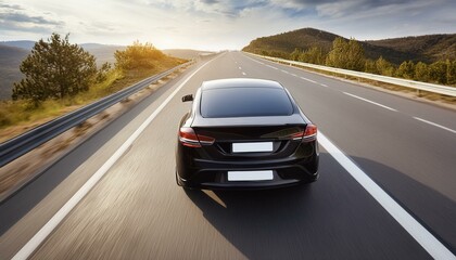 Back view tracking shot of a black car speeding on empty highway