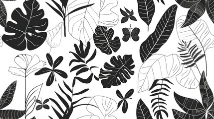 Black and white botanical flat design side view botanical theme cartoon drawing black and white . Seamless Pattern, Fabric Pattern.