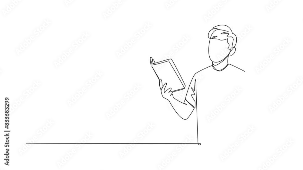 Poster self drawing animation of continuous line drawing man standing reading book. gesture gets the idea. 