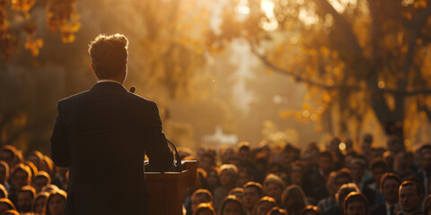  A man giving a speech to a captivated audience outdoors during autumn, with golden leaves and warm sunlight creating a vibrant and engaging atmosphere