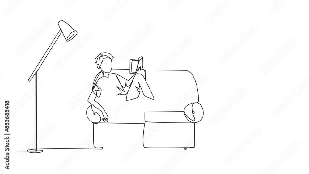 Poster animation of single continuous line drawing man sitting stretched out on the sofa reading book. real