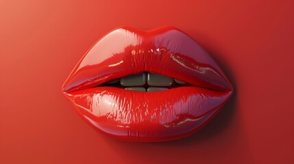 juicy lips with red, bright and shiny lipstick on a smooth red background.