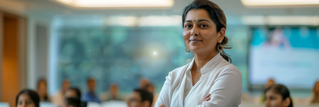 an Indian businesswoman leading a workshop in a high-tech training room with engaged participants