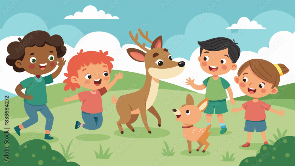 Poster a group of children watching in awe as a group of rehabilitated baby deer frolic and play in a grass