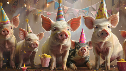 Unleashing their creativity, a cluster of piglet pigs sport an array of unconventional and colorful ensembles, bringing a sense of whimsy and playfulness to a unique birthday party invitation banner.