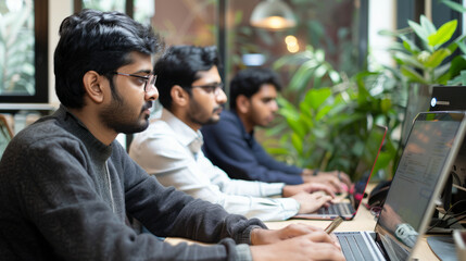 an Indian tech startup team working on coding projects in a modern, collaborative office