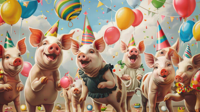 Unleashing their creativity, a cluster of piglet pigs sport an array of unconventional and colorful ensembles, bringing a sense of whimsy and playfulness to a unique birthday party invitation banner.