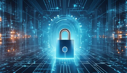 Cyber security concept. Padlock on digital technology background. Cyber data security or information privacy idea in mother server is processing the data