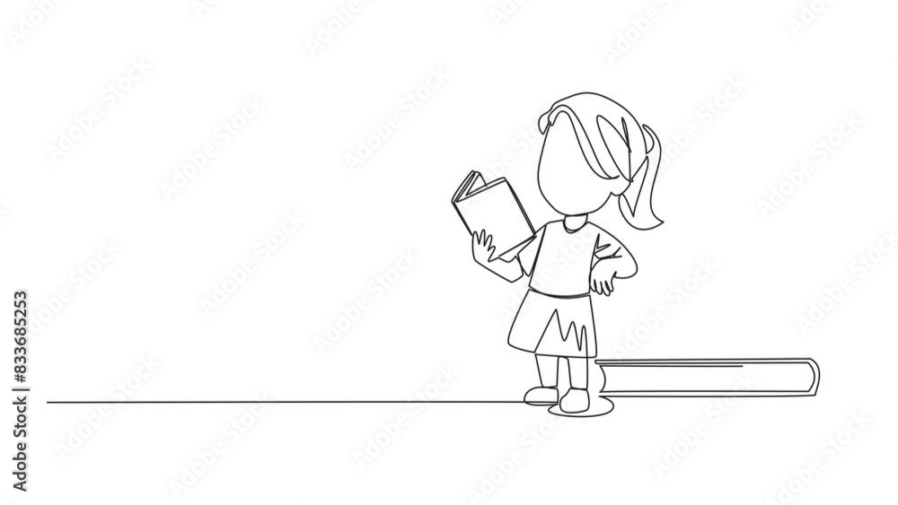 Aufkleber animation of continuous line drawing girl standing reading a book while leaning against a pile of la
