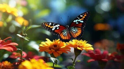 Obraz premium Closeup of wild beautiful butterfly on a flower in garden. Monarch butterfly collecting nectar from flower.