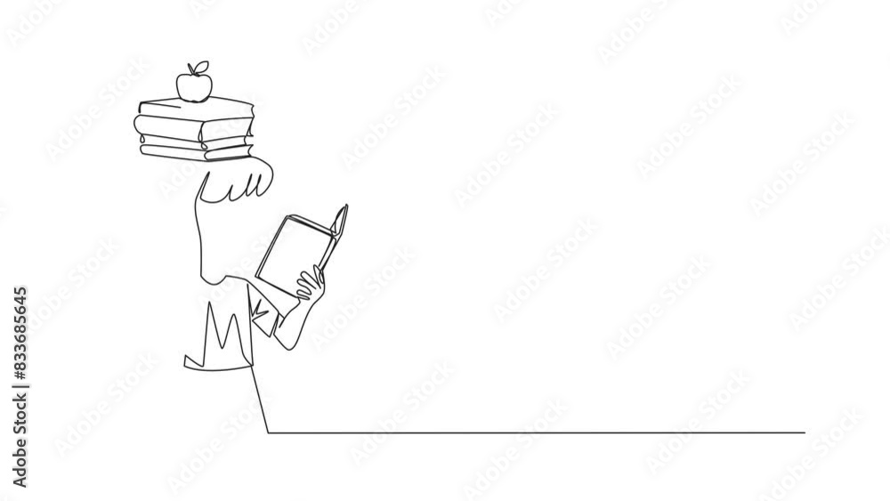 Poster animated self drawing of continuous line drawing girl read book practicing balance. stack books on t