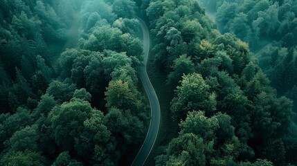 A winding road between the trees of a dense beautiful forest, a view from a drone.