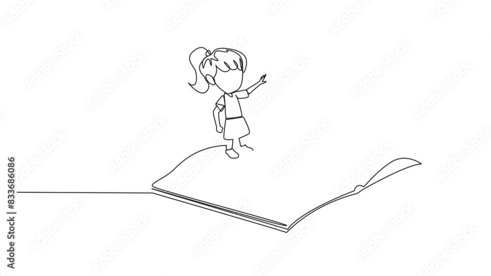 Poster self drawing animation of one line drawing girl standing over open ledger turning the pages. read sl