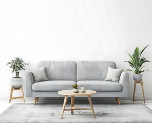 Scandinavian style living room interior with sofa and coffee table on white wall background