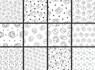 Cute friends kawaii tapioca pearls. Seamless pattern. Coloring Page. Cartoon funny characters. Hand drawn style. Vector drawing. Collection of design ornaments.