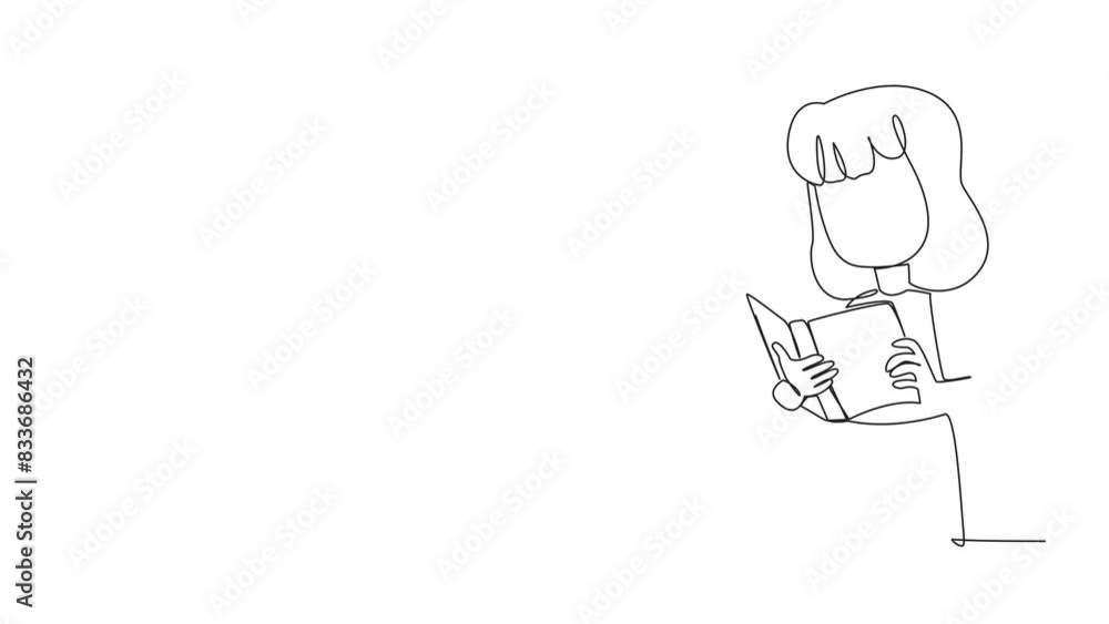 Poster self drawing animation of continuous line drawing girl focused on reading. try to find the answers t
