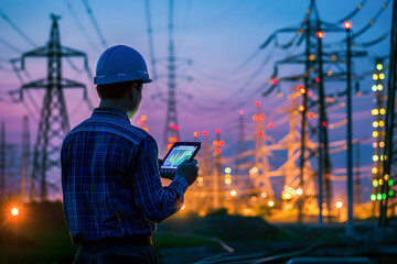 Engineer working check system of power distribution electric station.