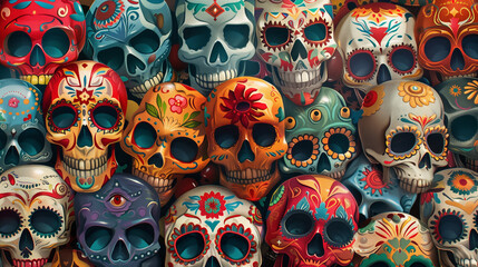 Colorful collection of decorated skull replicas.