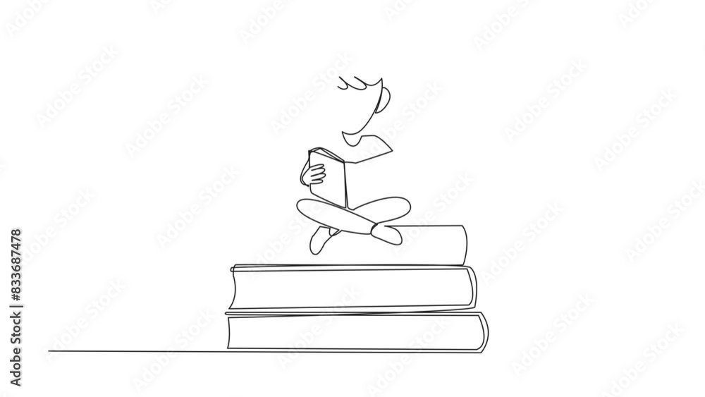 Poster animated self drawing of continuous line drawing boy sitting cross-legged on pile of large books. re