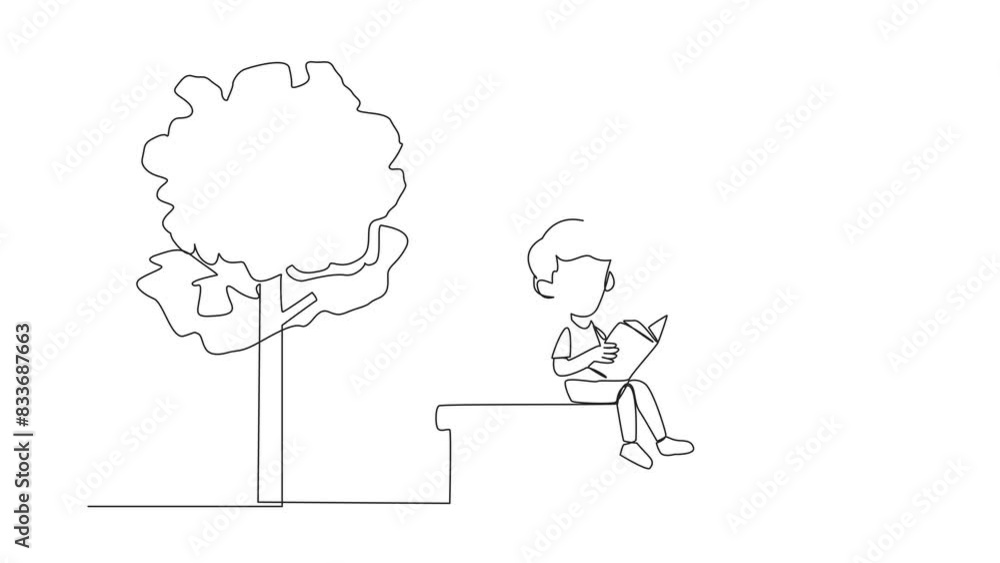 Wall mural self drawing animation of continuous line drawing boy sitting on school park bench reading book. lea