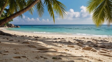 Panorama of blurred blue sky and leaves of coconut palm tree on white beach. Landscape of tropical summer. Summer beach vacation concept.