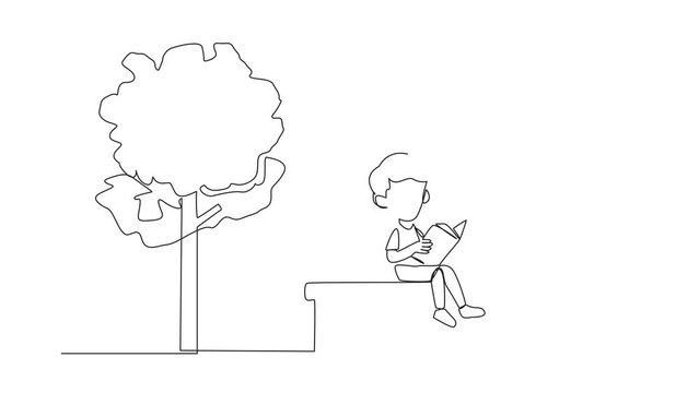 Self drawing animation of continuous line drawing boy sitting on school park bench reading book. Learn by rereading textbook. Read to get maximum marks. Reading increase insight. Full length animated